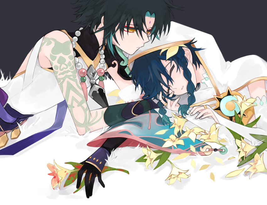 arm_guards arm_tattoo armor asymmetrical_clothes bangs black_background black_gloves black_hair blood bloody_flower blue_hair braid cloak closed_eyes closed_mouth detached_sleeves diamond_(shape) eyebrows_visible_through_hair eyeshadow facial_mark flower forehead_mark genshin_impact gloves gradient_hair green_gloves green_hair hair_flower hair_ornament hand_on_own_arm hood hood_up hooded_cloak jewelry litsoco long_sleeves looking_at_another lying makeup male_focus multicolored_hair on_side open_mouth parted_bangs pendant red_eyeshadow short_hair_with_long_locks shoulder_armor shoulder_pads shoulder_spikes simple_background single_bare_shoulder single_detached_sleeve sleeping spikes tassel tattoo twin_braids two-tone_hair venti_(genshin_impact) white_cloak white_flower wide_sleeves xiao_(genshin_impact) yellow_eyes