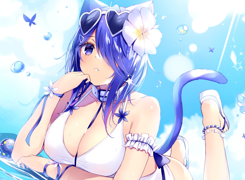 1girl absurdres animal_ears anklet arm_scrunchie bikini blue_hair choker earrings eyewear_on_head flower hair_flower hair_ornament hairclip highres jewelry kurebayashi_noe looking_at_viewer one_eye_covered original outdoors parted_lips sandals sunglasses swimsuit tail violet_eyes white_bikini