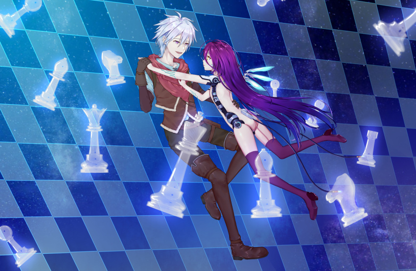 1boy 1girl :d android blue_shirt boots brown_footwear brown_gloves brown_vest chess_piece chessboard closed_mouth commentary english_commentary eye_contact gloves gradient_hair green_pants grey_hair hair_between_eyes highres holding_hands jiliang_jiying_yumao long_hair looking_at_another mechanical_parts multicolored_hair no_game_no_life nude open_mouth pants purple_footwear purple_hair red_scarf riku_(no_game_no_life) robot scarf shirt shuvi_(no_game_no_life) smile thigh-highs thigh_boots very_long_hair vest violet_eyes