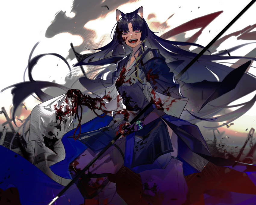 1girl animal_ears arknights beads blood blood_on_face blood_splatter bloody_clothes bracelet dog_ears highres holding holding_weapon jewelry lirensheng long_hair monk purple_hair saga_(arknights) solo very_long_hair violet_eyes weapon
