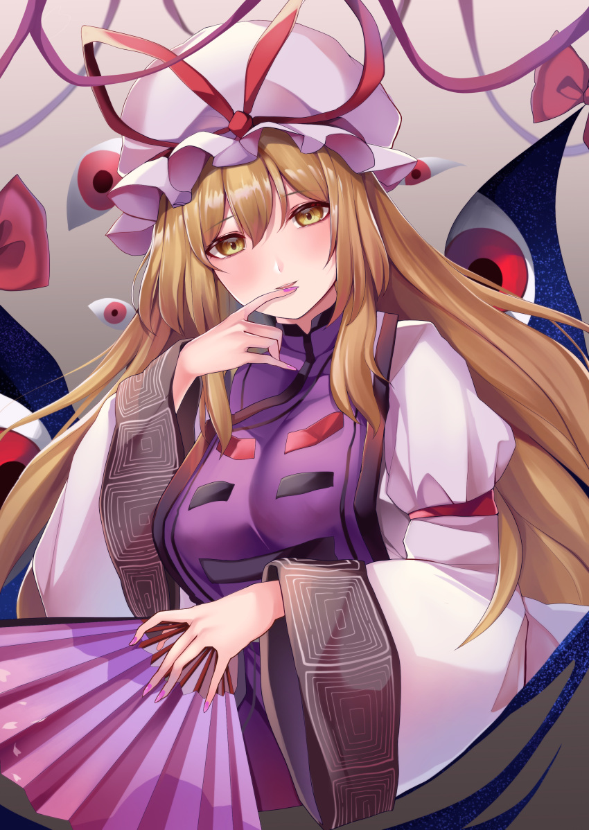 1girl :d absurdres blonde_hair blush bow dress fan finger_to_mouth fingernails gap_(touhou) hair_between_eyes hand_up hat hat_ribbon highres holding holding_fan koizumo long_hair long_sleeves looking_at_viewer nail_polish open_mouth parted_lips pink_nails red_bow red_ribbon ribbon sharp_fingernails smile solo tabard touhou upper_teeth very_long_hair white_dress white_headwear wide_sleeves yakumo_yukari yellow_eyes