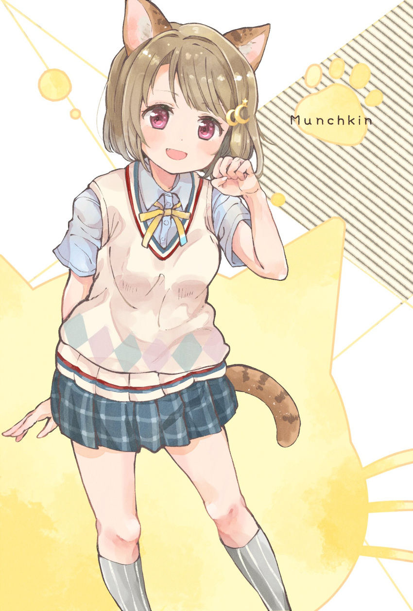 1girl animal_ears argyle arm_up bare_legs beige_vest blue_shirt blush bob_cut brown_hair cat_ears cat_tail commentary crescent crescent_hair_ornament english_text eyelashes feet_out_of_frame grey_legwear hacosumi hair_ornament highres kneehighs looking_at_viewer love_live! love_live!_nijigasaki_high_school_idol_club nakasu_kasumi necktie open_mouth paw_pose paw_print plaid plaid_skirt pleated_skirt red_eyes shirt short_hair short_sleeves simple_background skirt smile solo striped striped_legwear striped_tail tail vest white_background yellow_neckwear