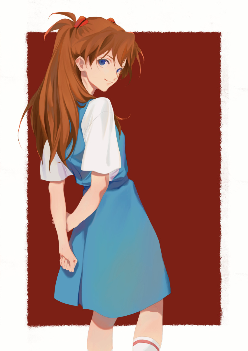 1girl absurdres arm_grab arms_behind_back blue_eyes border from_behind highres interface_headset long_hair looking_at_viewer neon_genesis_evangelion outside_border ponytail red_background redhead school_uniform sei_(_mo1008) skirt smile solo souryuu_asuka_langley suspender_skirt suspenders white_border
