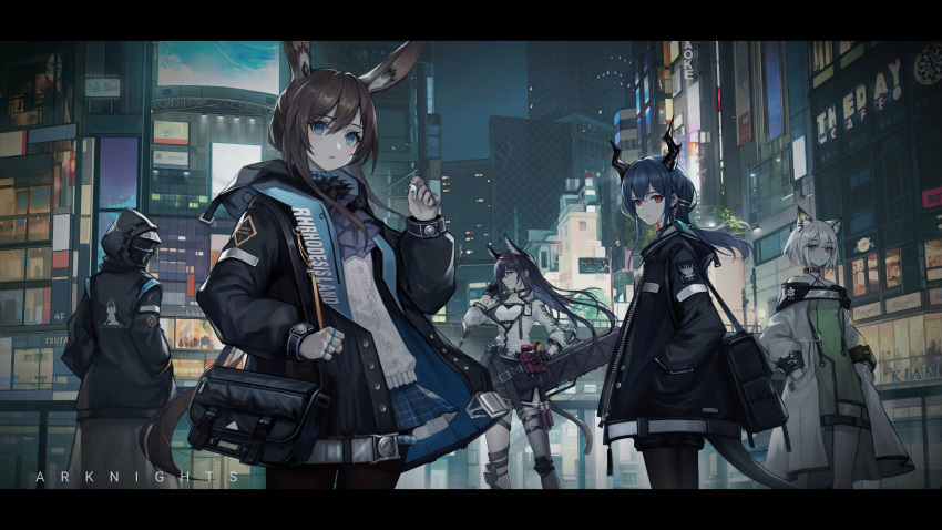 1other 4girls absurdres airpods amiya_(arknights) animal_ears arknights bag belt black_coat black_gloves black_legwear blaze_(arknights) blue_eyes blue_hair blue_skirt blush brown_hair building cat_ears cat_girl cat_tail ch'en_(arknights) city closed_mouth clothes_writing coat collar collarbone copyright_name cowboy_shot doctor_(arknights) dragon_girl dragon_horns dragon_tail dress gloves green_dress green_eyes hairband hand_on_hip hand_up hands_in_pockets highres holding hooded_coat horns jacket kal'tsit_(arknights) knee_pads letterboxed long_hair long_sleeves looking_at_viewer mask miniskirt multiple_girls multiple_rings night off_shoulder open_clothes open_jacket outdoors pantyhose partially_fingerless_gloves ponytail rabbit_ears red_eyes red_hairband shirt shoulder_bag sidelocks silver_hair single_thighhigh skirt standing tail thigh-highs thigh_strap thighlet unzipped very_long_hair weapon_bag white_jacket white_legwear white_shirt zhai