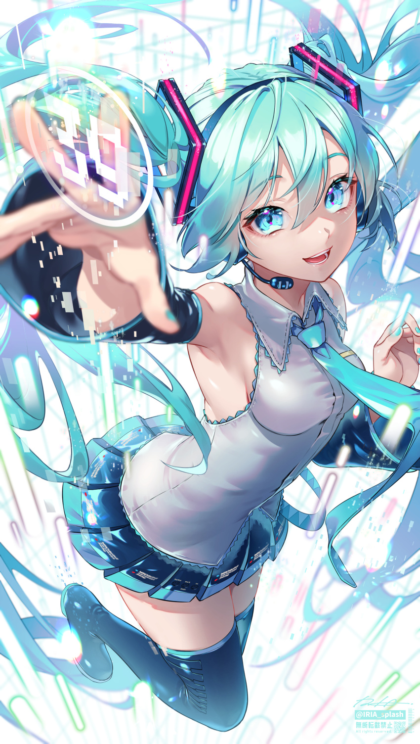 1girl :d absurdres aqua_eyes aqua_hair aqua_nails aqua_neckwear arm_up armpits artist_name black_footwear black_skirt blurry blurry_foreground blush boots breasts collared_shirt depth_of_field detached_sleeves full_body grey_shirt hatsune_miku headset highres iria_(yumeirokingyo) long_hair long_sleeves looking_at_viewer miniskirt nail_polish number open_mouth pleated_skirt shirt sideboob signature skirt small_breasts smile solo thigh-highs thigh_boots twintails very_long_hair vocaloid
