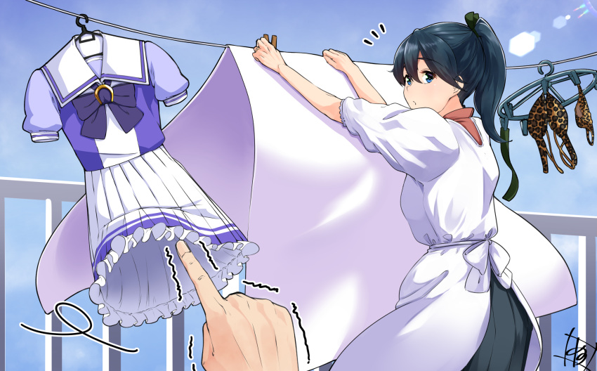 1boy 1girl animal_print bed_sheet black_hakama blue_eyes blue_hair blue_sky bow bowtie bra clothes_pin clothesline commentary_request day hair_between_eyes hakama hakama_skirt highres houshou_(kancolle) japanese_clothes kantai_collection kappougi kimono leopard_print long_hair looking_at_viewer looking_back nori_senbei_(norisenbei_1) panties pink_kimono pleated_skirt ponytail print_bra print_panties puffy_short_sleeves puffy_sleeves purple_bow purple_neckwear purple_shirt school_uniform shirt short_sleeves signature skirt sky solo_focus tracen_school_uniform trembling umamusume underwear white_skirt