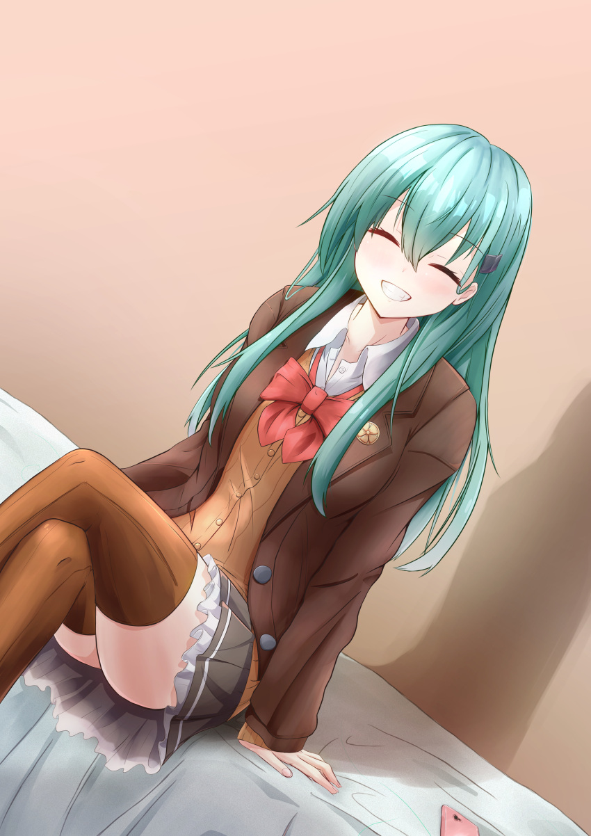 1girl absurdres aqua_hair bangs bow bowtie breasts brown_jacket brown_legwear brown_sweater cellphone closed_eyes crossed_legs grey_skirt highres jacket kantai_collection long_hair manjukannon on_bed open_clothes open_jacket phone red_neckwear shirt simple_background sitting sitting_on_bed skirt smartphone smile solo suzuya_(kancolle) sweater thigh-highs valentine white_shirt