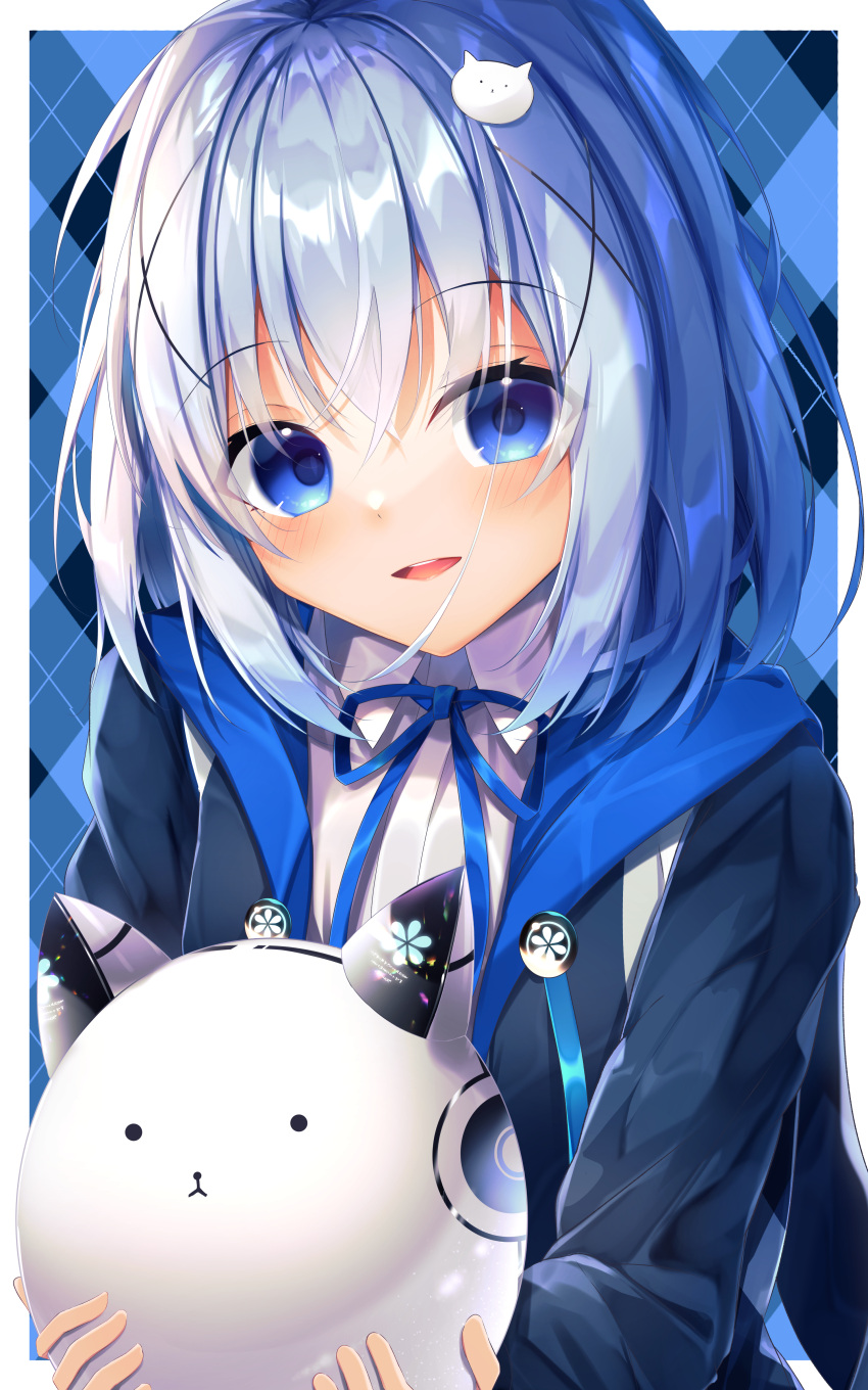 1girl absurdres bangs blue_background blue_eyes blue_jacket blue_ribbon blush border bunny_hair_ornament collared_shirt dress_shirt eyebrows_visible_through_hair gochuumon_wa_usagi_desu_ka? hair_between_eyes hair_intakes hair_ornament highres holding jacket kafuu_chino long_hair looking_at_viewer neck_ribbon open_clothes open_jacket outside_border ribbon shiny shiny_hair shirt silver_hair solo suisen-21 tippy_(gochiusa) upper_body white_border white_shirt wing_collar