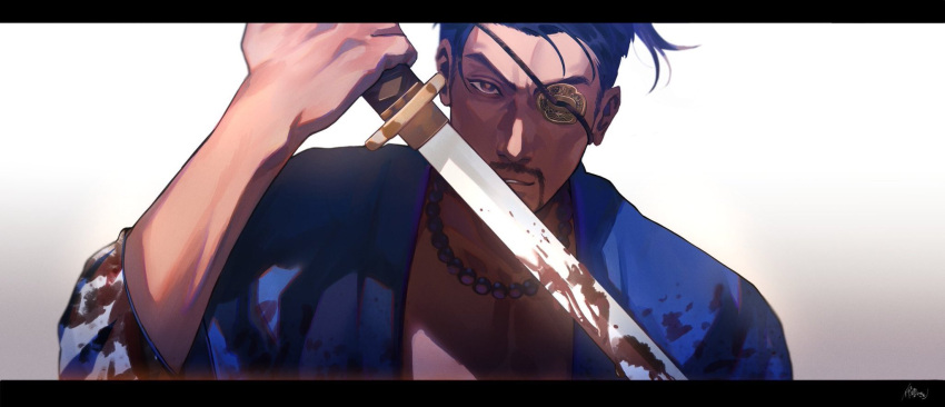 1boy artist_name black_hair blood bloody_weapon eyebrows eyepatch facial_hair goatee highres holding holding_weapon irei_yukitoshi jacket japanese_clothes katana looking_at_viewer majima_gorou okita_souji_(isshin) one-eyed open_clothes open_jacket ryuu_ga_gotoku ryuu_ga_gotoku_isshin samurai signature sword tied_hair weapon white_background