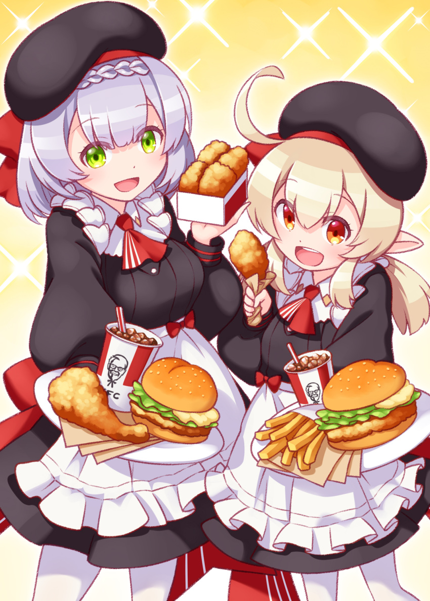 2girls ahoge apron ascot bangs beret black_dress black_headwear blonde_hair braid braided_bangs cola colonel_sanders commentary_request cup disposable_cup dress employee_uniform eyebrows_visible_through_hair fast_food_uniform food french_fries fried_chicken frilled_apron frills genshin_impact green_eyes hamburger hat highres holding holding_food holding_plate kfc klee_(genshin_impact) long_sleeves looking_at_viewer low_twintails medium_hair multiple_girls noelle_(genshin_impact) open_mouth pantyhose plate pointy_ears red_eyes red_neckwear sansei_rain short_hair silver_hair smile soda twintails uniform waist_apron white_apron white_legwear