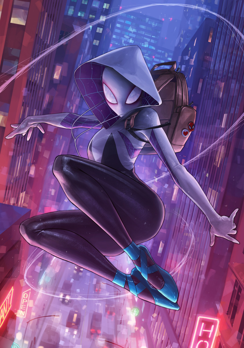 1girl backpack bag ballet_slippers bodysuit building chromatic_aberration city earphones gwen_stacy highres hood hood_up hooded_bodysuit jee-hyung_lee lamppost looking_at_viewer marvel mask md5_mismatch midair night road silk skyscraper solo spider-gwen spider-man_(series) spider_web spider_web_print street superhero