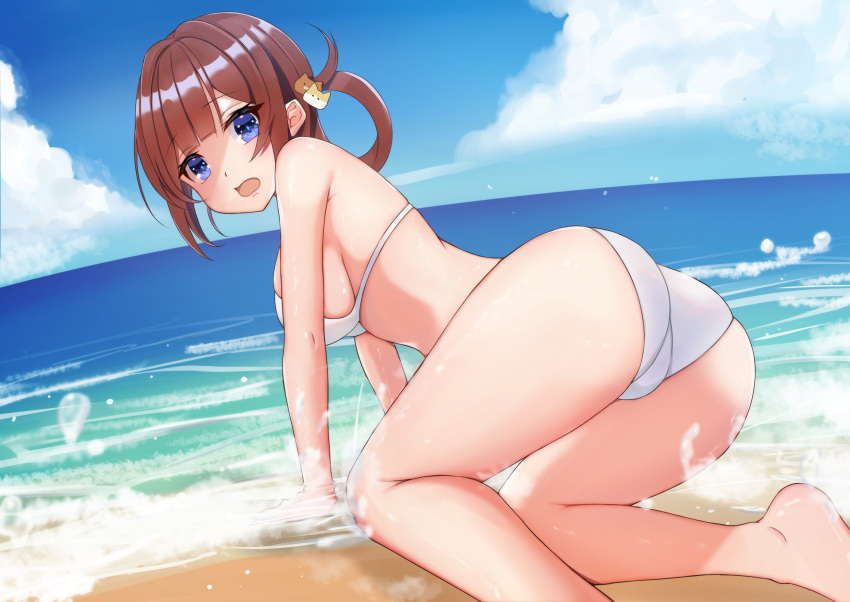 1girl all_fours ayamy_(vtuber) beach bikini bikini_top blue_eyes breasts cat_hair_ornament embarrassed hair_ornament highres indie_virtual_youtuber looking_at_another nokmaaa open_mouth sand sky splashing swimsuit water_drop white_bikini