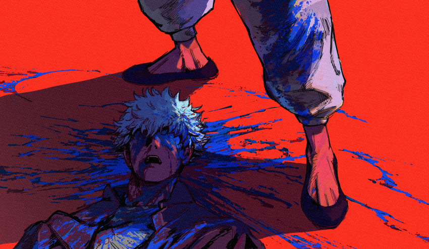 2boys baggy_pants bleeding blood blood_from_mouth blood_splatter bloody_clothes flats fushiguro_touji gojou_satoru hidden_eyes jujutsu_kaisen lying male_focus multiple_boys natsu_(rodysanp) nosebleed on_back on_ground open_mouth out_of_frame pants red_background shoes short_hair simple_background spoilers standing upper_body white_hair