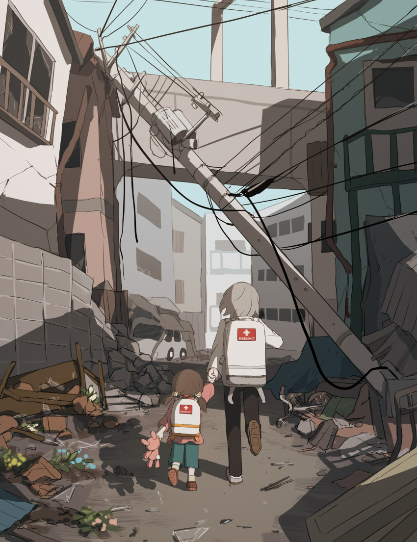 1boy 1girl absurdres avogado6 backpack bag balcony black_pants blue_flower blue_pants brown_hair building car commentary dirt_road fleeing flower from_behind full_body glass_shards grey_hair ground_vehicle highres holding holding_hands holding_stuffed_toy long_sleeves motor_vehicle original pants pink_shirt road rubble ruins shirt shoes short_hair short_twintails sneakers stuffed_animal stuffed_bunny stuffed_toy twintails utility_pole white_bag white_footwear white_shirt window yellow_flower