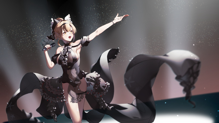 1girl :d absurdres armpits black_leotard bow breasts brown_eyes brown_hair character_request covered_navel frilled_bow frilled_skirt frills grey_skirt hairband highres holding holding_microphone jiliang_jiying_yumao large_breasts leotard microphone navel open_mouth outstretched_arms ponytail showgirl_skirt skirt smile solo spread_arms standing thigh_strap virtuareal yellow_eyes