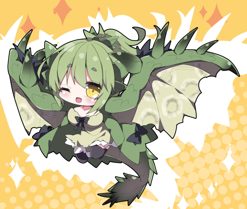 1girl ;d ahoge bangs black_bow black_legwear bow breasts brown_dress brown_wings chibi collarbone commentary_request dragon_girl dragon_horns dragon_tail dragon_wings dress eyebrows_visible_through_hair fang full_body green_hair hair_between_eyes halftone halftone_background horns large_breasts milkpanda monster_hunter one_eye_closed open_mouth orange_background personification ponytail rathian short_eyebrows smile solo tail thick_eyebrows thigh-highs wings yellow_eyes