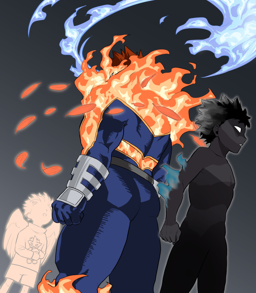 3boys ass blue_fire boku_no_hero_academia child dabi_(boku_no_hero_academia) feet_out_of_frame fire from_behind hawks_(boku_no_hero_academia) highres male_focus mature_male multiple_boys muscular muscular_male pain-lucky777 short_hair skin_tight solo_focus spiky_hair spoilers thick_thighs thighs todoroki_enji