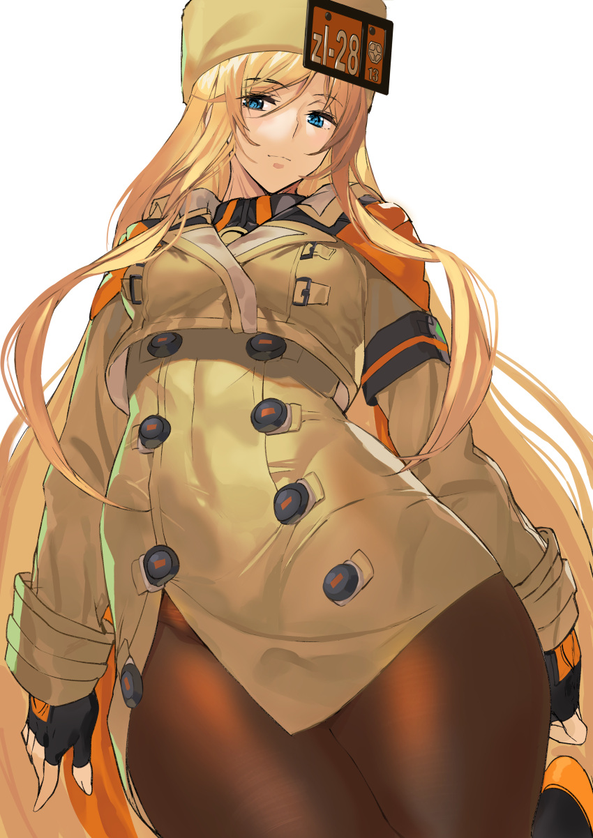 1girl absurdres ashiomi_masato bangs black_gloves blonde_hair blue_eyes breasts brown_legwear buttons commentary_request fingerless_gloves fur_hat gloves guilty_gear guilty_gear_strive hat highres large_breasts long_hair long_sleeves looking_at_viewer millia_rage pantyhose smile solo thighs ushanka very_long_hair