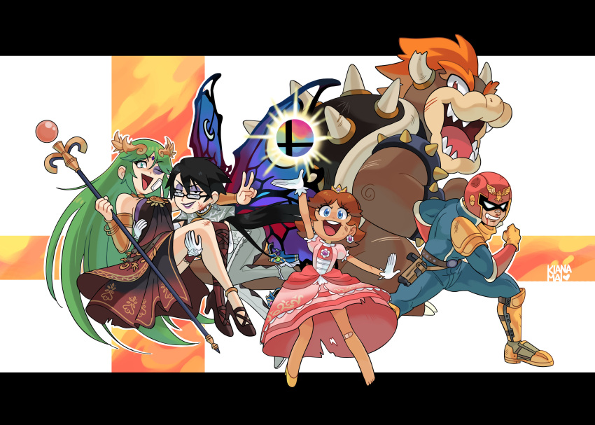 2boys 3girls absurdres alternate_color bandaid bandaid_on_face bandaid_on_knee bayonetta bayonetta_(character) bayonetta_2 black_hair bowser bracelet broken_eyewear broken_horn bruise bruised_eye butterfly_wings captain_falcon carrying crown dress eyeshadow f-zero fangs glasses gloves green_hair helmet highres horns injury jewelry kiana_mai kid_icarus kid_icarus_uprising makeup super_mario_bros. mini_crown multiple_boys multiple_girls open_mouth palutena pose princess_carry princess_daisy redhead scar scratches smash_ball smile spiked_armlet spiked_bracelet spiked_shell spikes staff super_mario_bros. super_smash_bros. tiara torn_clothes v white_gloves wings yellow_gloves