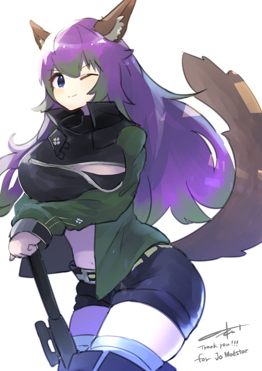 absurdres animal_ears belt belt_buckle boots buckle cosplay dog_ears dog_girl dog_tail gavial_(arknights) green_hair green_jacket highres jacket midriff midriff_peek multicolored_hair navel one_eye_closed purple_hair staff tail thigh-highs thigh_boots zipper