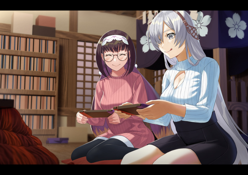 2girls anastasia_(fate) beppu_mitsunaka bookshelf brown_hair cleavage_cutout closed_eyes clothing_cutout fate/grand_order fate_(series) glasses hairband highres kotatsu letterboxed long_hair low_twintails multiple_girls nintendo_switch osakabe-hime_(fate) playing_games ribbed_sweater silver_hair sitting skirt sweater table twintails wariza