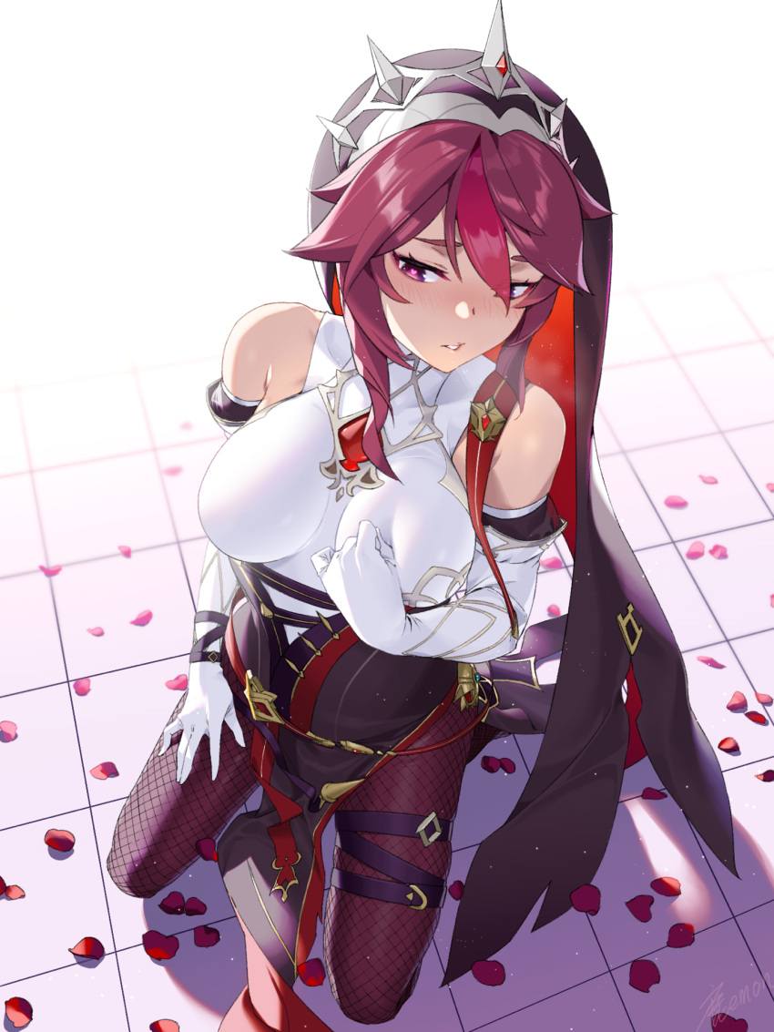1girl bare_shoulders blush breasts elbow_gloves fishnets from_above full_body genshin_impact gloves hand_on_own_chest hand_on_own_thigh highres kneeling large_breasts medium_hair multicolored_hair nun pantyhose parted_lips purple_hair purple_legwear rosaria_(genshin_impact) shikaemon solo streaked_hair tile_floor tiles veil violet_eyes white_gloves