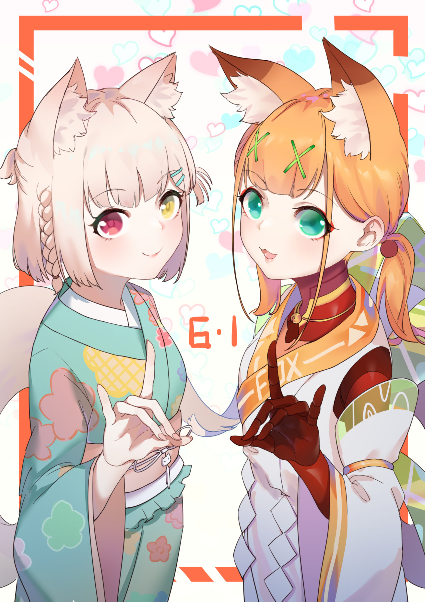 2girls :3 :d absurdres android animal_ear_fluff animal_ears bangs blue_kimono blunt_bangs character_request closed_mouth dated eyeshadow fingernails fox_ears fox_shadow_puppet fox_tail green_eyes grey_hair hair_ornament hairclip heterochromia highres japanese_clothes jiliang_jiying_yumao joints kimono looking_at_viewer low_twintails makeup medium_hair multiple_girls obi open_mouth orange_hair pink_sash red_eyes robot robot_joints sash side_braids smile sumire_hina tail twintails virtuareal x_hair_ornament yellow_eyes