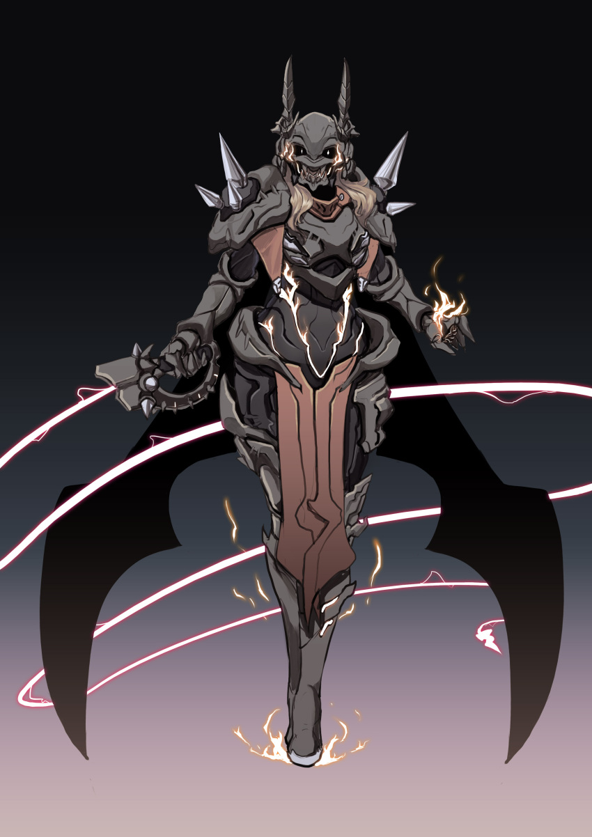 1girl absurdres armor black_cape blonde_hair cape character_request crossed_legs energy_weapon energy_whip full_armor highres holding holding_sword holding_weapon holding_whip horns korean_commentary last_origin looking_at_viewer open_hand science_fiction solo spikes sword tajyador walking weapon white_eyes