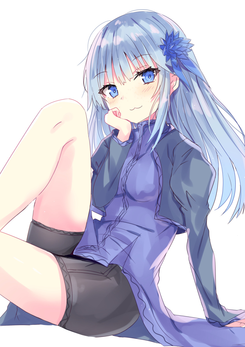 1girl :3 arm_support bangs black_jacket black_shorts blue_eyes blue_flower blue_hair blue_shirt blush closed_mouth commentary_request copyright_request eyebrows_visible_through_hair feet_out_of_frame flower hair_flower hair_ornament hand_up highres hizaka jacket juliet_sleeves knee_up long_hair long_sleeves looking_at_viewer open_clothes open_jacket puffy_sleeves shirt short_shorts shorts simple_background sitting sleeves_past_wrists solo white_background