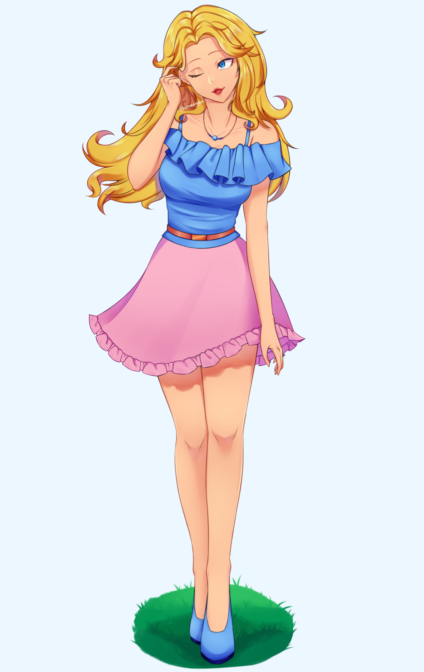 1girl absurdres adjusting_hair bare_legs bare_shoulders belt blonde_hair blue_camisole blue_eyes blue_footwear breasts brown_belt camisole chuurylen collarbone full_body grass haley_(stardew_valley) highres jewelry legs lips long_hair long_legs medium_breasts necklace parted_lips pink_skirt red_lips skirt solo spaghetti_strap standing stardew_valley twitter_username