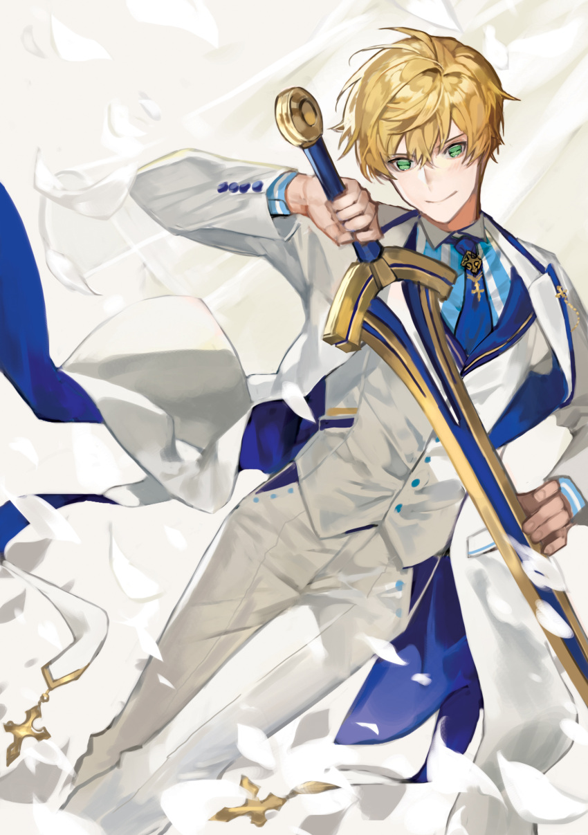 1boy absurdres arthur_pendragon_(fate) blonde_hair blue_neckwear chyoel closed_mouth excalibur_(fate/stay_night) fate/grand_order fate_(series) green_eyes head_tilt highres holding holding_sword holding_weapon jacket looking_at_viewer male_focus necktie open_clothes open_jacket pants smile solo standing sword vest weapon white_jacket white_pants white_vest