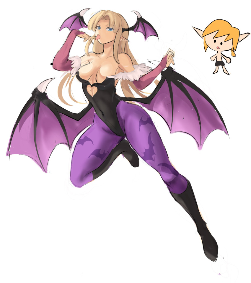 1boy 1girl :p animal_print bat_print blonde_hair breasts cosplay highres licking link long_hair medium_breasts morrigan_aensland morrigan_aensland_(cosplay) navel pantyhose pointy_ears princess_zelda print_legwear rakeem_garcia-cueto simple_background solo speedrunner_link the_legend_of_zelda tongue tongue_out vampire_(game) white_background