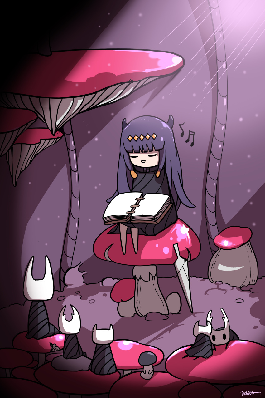 1girl absurdres bangs black_cloak black_hair book cloak closed_eyes commentary highres holding holding_book hollow_knight hololive hololive_english horns long_hair looking_at_another mushroom music musical_note ninomae_ina'nis on_lap open_book signature singing sitting smile striped sunlight taphris teeth virtual_youtuber weapon