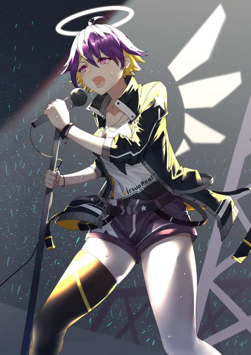 1girl absurdres belt black_belt black_jacket black_legwear blonde_hair colored_inner_hair copyright_request drawn_wings halo highres holding holding_microphone_stand jacket jiliang_jiying_yumao long_sleeves medium_hair microphone microphone_stand multicolored_hair open_clothes open_jacket open_mouth pale_skin pantyhose purple_hair purple_shorts shirt short_shorts shorts single_thighhigh single_wing solo sweat thigh-highs violet_eyes white_shirt wings wristband
