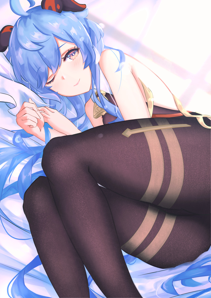 1girl absurdres ahoge bangs bare_shoulders bell black_legwear blue_hair blush closed_mouth commentary_request cowbell eyebrows_visible_through_hair ganyu_(genshin_impact) genshin_impact goat_horns hair_between_eyes highres horns huge_filesize long_hair looking_at_viewer lying mxsoundtube on_side one_eye_closed pantyhose simple_background smile solo thick_thighs thighs very_long_hair violet_eyes