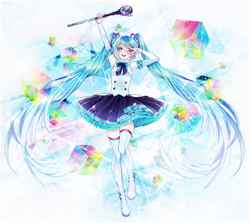 1055 1girl ;d absurdly_long_hair absurdres arm_up armpits bangs black_neckwear black_skirt blue_eyes blue_hair blue_nails boots detached_sleeves floating_hair full_body gradient_hair hair_ornament hatsune_miku highres holding holding_staff long_hair long_sleeves looking_at_viewer multicolored_hair nail_polish one_eye_closed open_mouth pleated_skirt shiny shiny_hair shirt silver_hair skirt sleeveless sleeveless_shirt smile solo staff standing swept_bangs thigh-highs thigh_boots very_long_hair vocaloid white_background white_footwear white_shirt white_sleeves zettai_ryouiki