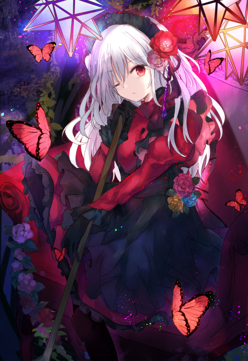 1girl black_skirt blue_flower bug butterfly eyebrows_visible_through_hair flower frilled_skirt frills hair_ribbon highres holding insect kazu_(muchuukai) looking_at_viewer maid maid_headdress one_eye_closed original pink_flower red_eyes red_flower red_shirt ribbon shirt silver_hair skirt solo yellow_flower