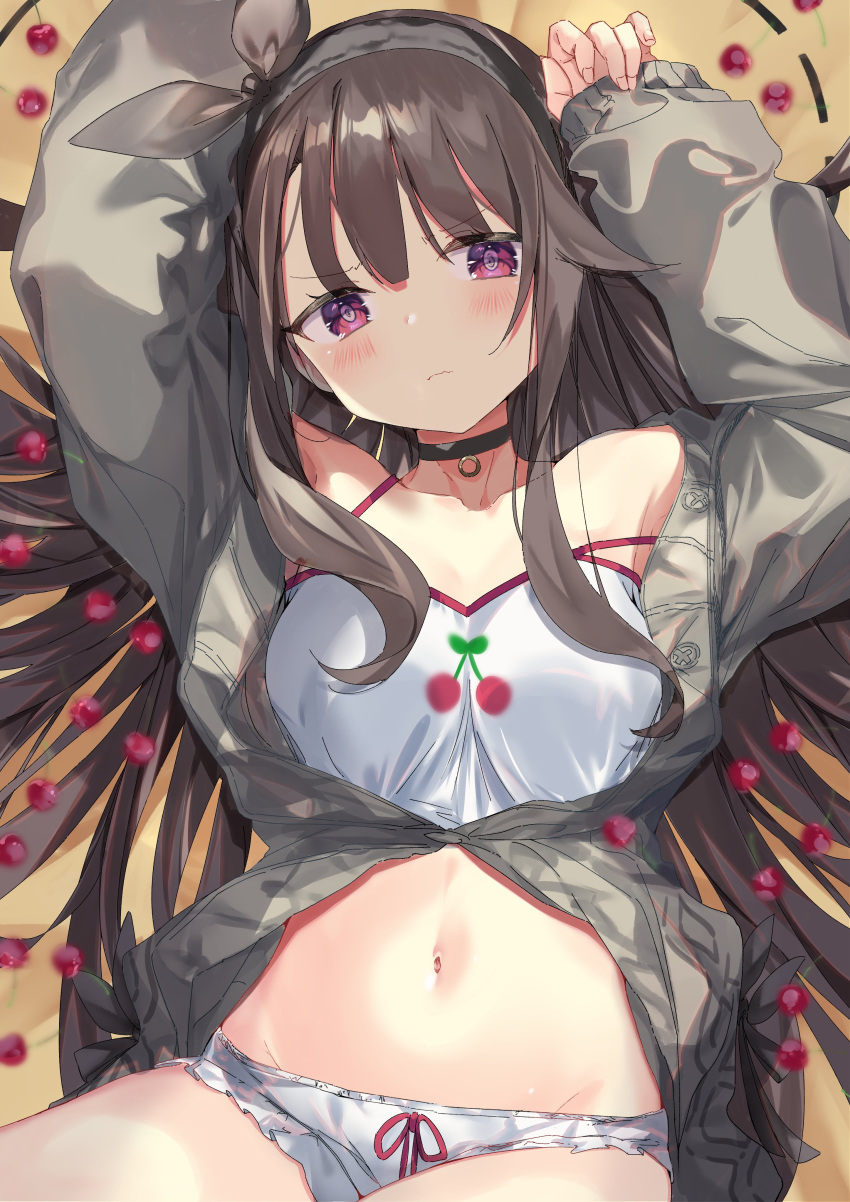 1girl absurdres arms_up azur_lane bangs bare_shoulders black_hair black_ribbon breasts cardigan cherry cherry_print choker closed_mouth collarbone eyebrows_visible_through_hair eyes_visible_through_hair food food_print fruit grey_jacket groin hair_ribbon highres jacket kikurage_tom. long_hair long_sleeves looking_at_viewer lying midriff navel official_alternate_costume on_back open_clothes pamiat_merkuria_(azur_lane) pamiat_merkuria_(sweet_cherry_memories)_(azur_lane) ribbon short_shorts shorts sleeves_past_wrists solo strap_slip tank_top violet_eyes white_shorts white_tank_top