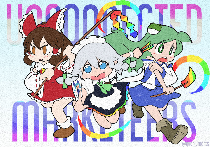 3girls apron ascot bare_shoulders blue_eyes boots bow braid brown_eyes brown_hair card chestnut_mouth cirno collared_shirt detached_sleeves english_commentary frog_hair_ornament gohei green_eyes green_hair green_neckwear green_ribbon grey_hair hair_bow hair_ornament hair_tubes hakurei_reimu highres izayoi_sakuya karaagetarou_(style) knife kochiya_sanae maid_headdress md5_mismatch multiple_girls open_mouth parody quariumarts rainbow red_skirt ribbon ribbon_trim shirt skirt snake_hair_ornament style_parody touhou twin_braids twitter_username unconnected_marketeers white_skirt yellow_neckwear