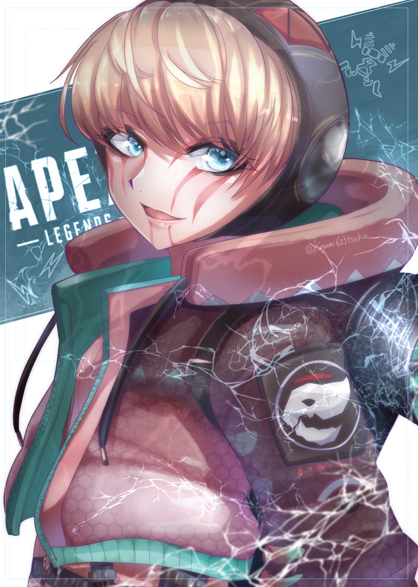 1girl absurdres apex_legends artist_name backpack bag bangs blonde_hair blue_eyes copyright_name drawstring electricity eyebrows_behind_hair facepaint highres hood hooded_jacket jacket kagamitsuka logo looking_back open_mouth red_jacket solo upper_body wattson_(apex_legends)