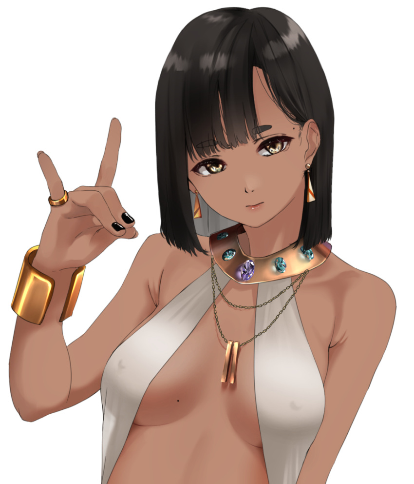 1girl amethyst_(gemstone) bare_shoulders black_hair black_nails bracelet breasts brown_eyes closed_mouth covered_nipples dark_skin earrings gem gold_bracelet highres jewelry looking_at_viewer medium_breasts medium_hair mole mole_on_breast original ring simple_background solo tama_(seiga46239239) tan thick_eyebrows white_background