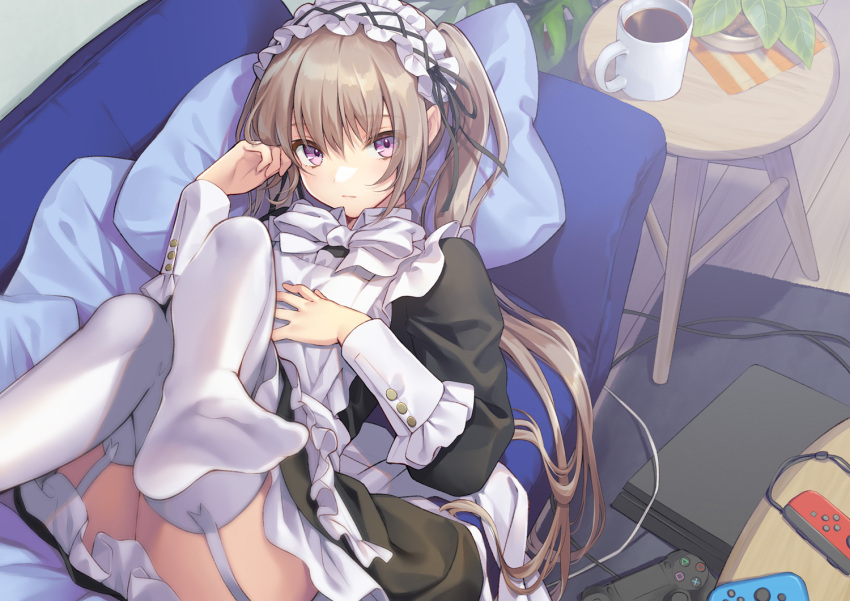 1girl apron bangs black_dress bow bowtie controller couch crossed_legs cup dress expressionless feet frilled_apron frilled_cuffs frills from_above game_console game_controller garter_straps hand_on_own_chest hands_up indoors knees_up long_hair looking_at_viewer lying maid maid_headdress mug ne-on no_shoes on_back on_couch original pillow playstation_4 rug sidelocks soles solo thigh-highs twintails violet_eyes white_legwear wooden_floor