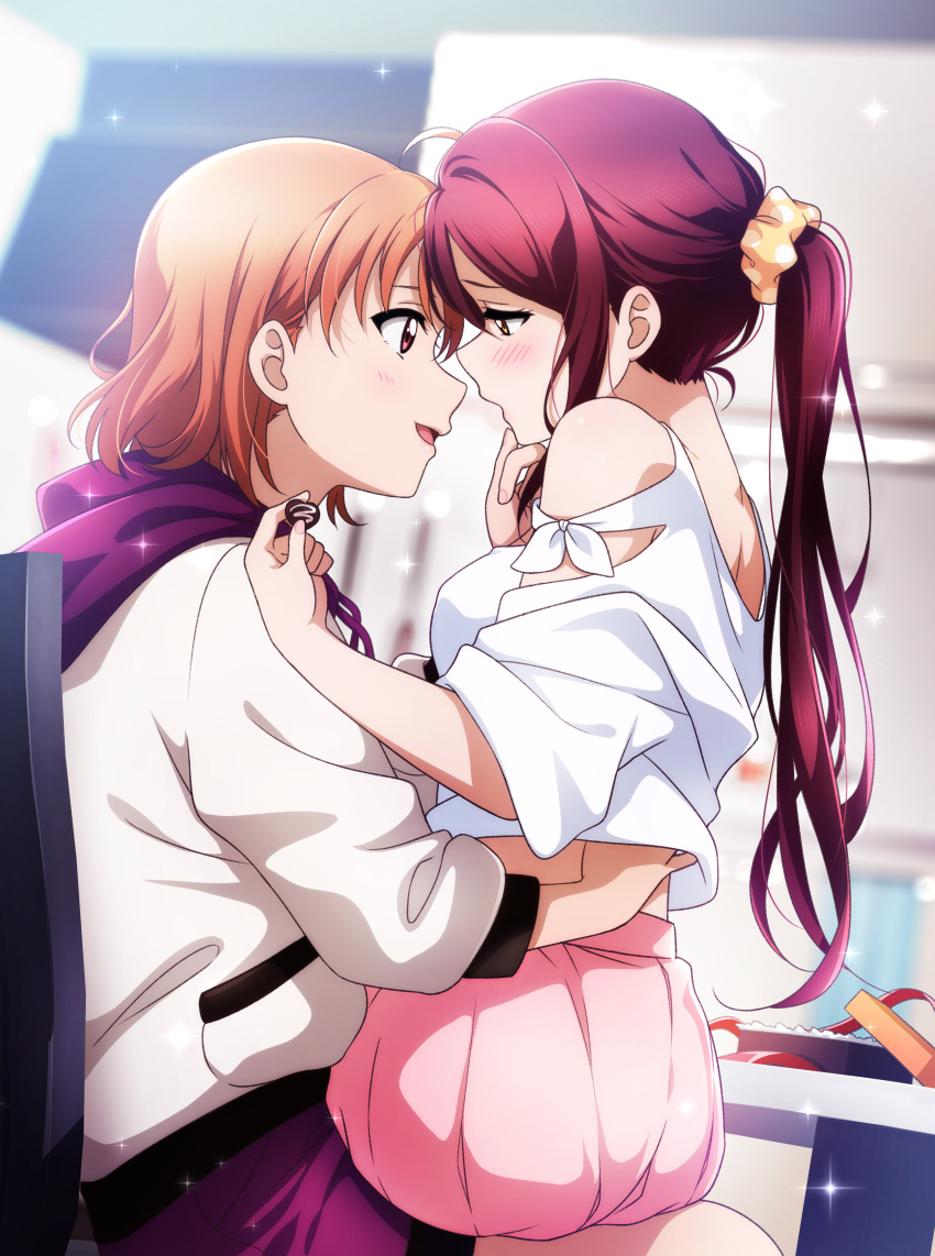 2girls absurdres ahoge bare_shoulders blurry blurry_background blush breasts candy chair chocolate chocolate_heart commentary_request eye_contact food hair_ornament hair_scrunchie hand_on_another's_chin hand_under_clothes hand_under_shirt heart highres holding hood hoodie kougi_hiroshi long_hair long_sleeves looking_at_another looking_to_the_side love_live! love_live!_sunshine!! medium_breasts multiple_girls open_mouth orange_hair pleated_skirt polka_dot polka_dot_scrunchie ponytail purple_shorts red_eyes redhead sakurauchi_riko scrunchie shirt short_hair short_sleeves shorts sitting sitting_on_lap sitting_on_person skirt sparkle takami_chika valentine white_hoodie white_shirt yellow_eyes yellow_scrunchie yuri