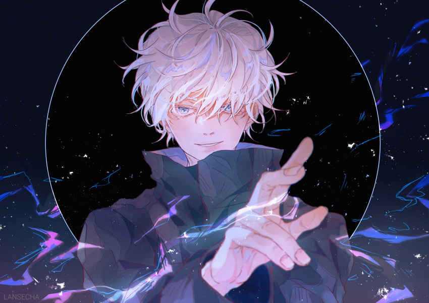1boy absurdres artist_name bangs black_background black_jacket blue_eyes closed_mouth electricity gojou_satoru hair_between_eyes hand_up high_collar highres jacket jujutsu_kaisen lansecha light_particles long_sleeves looking_at_viewer male_focus open_hand short_hair smile solo upper_body white_hair