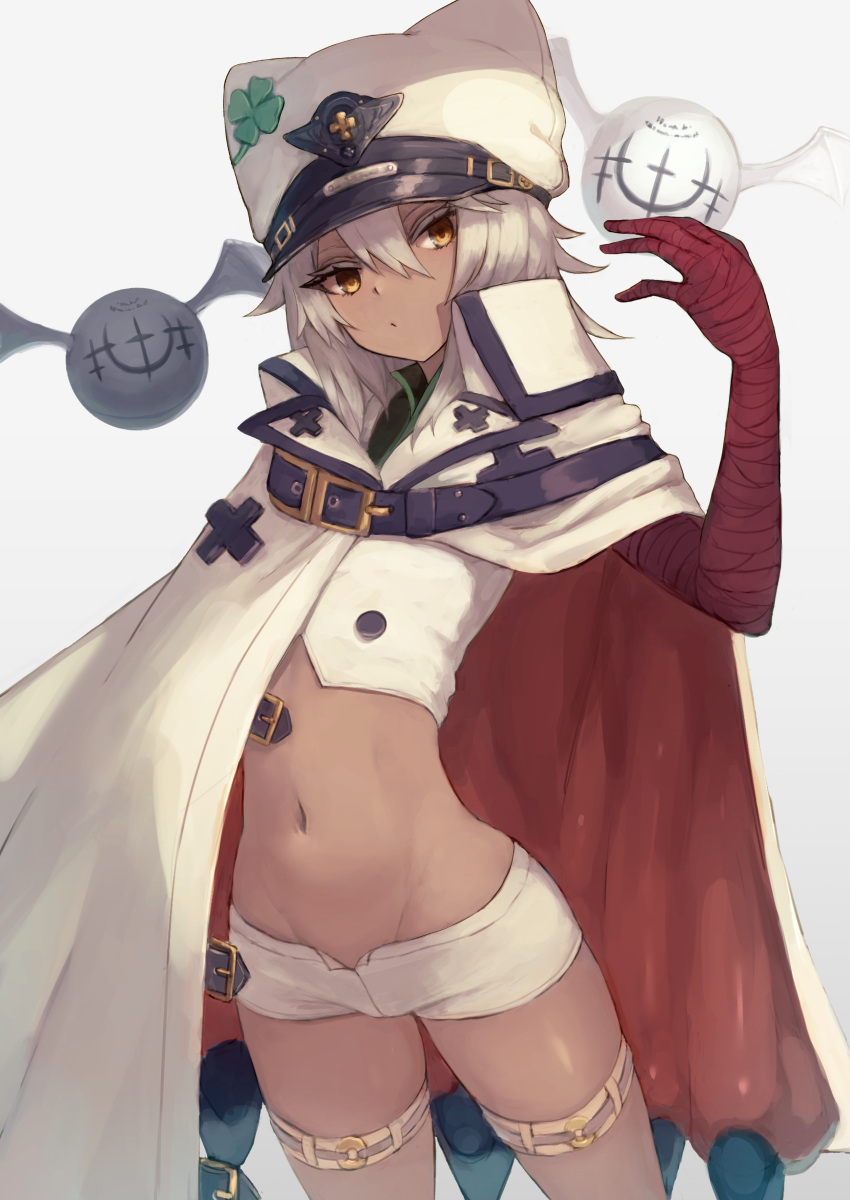 1girl absurdres belt belt_buckle buckle clover dark_skin dark-skinned_female four-leaf_clover guilty_gear guilty_gear_strive hat highres lucifero medium_hair ramlethal_valentine shorts thigh_strap toima_(beat0829) white_headwear white_shorts yellow_eyes