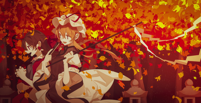 2girls absurdres arm_ribbon ascot autumn_leaves bangs blonde_hair bow brown_hair clenched_hand closed_fan detached_sleeves dress eyebrows_visible_through_hair falling_leaves fan folding_fan frilled_hair_tubes frills from_side gohei hair_between_eyes hair_bow hair_tubes hair_up hakurei_reimu hat hat_ribbon highres holding holding_fan holding_stick leaf long_hair long_skirt long_sleeves looking_away maple_leaf mob_cap multiple_girls nail_polish open_mouth ouka_musci outdoors purple_nails purple_neckwear red_bow red_eyes red_shirt red_skirt ribbon ribbon-trimmed_sleeves ribbon_trim shirt sidelocks skirt sleeveless sleeveless_shirt stick stone_lantern tabard tied_hair touhou tree violet_eyes white_dress wide_sleeves wind wind_lift yakumo_yukari