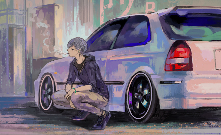 1boy blue_hoodie bracelet brown_eyes car cigarette grey_hair grey_pants ground_vehicle hair_behind_ear honda honda_civic hood hoodie in_mouth jewelry looking_ahead male_focus momo_hiki motor_vehicle original pants personification solo squatting sweatpants vehicle_focus