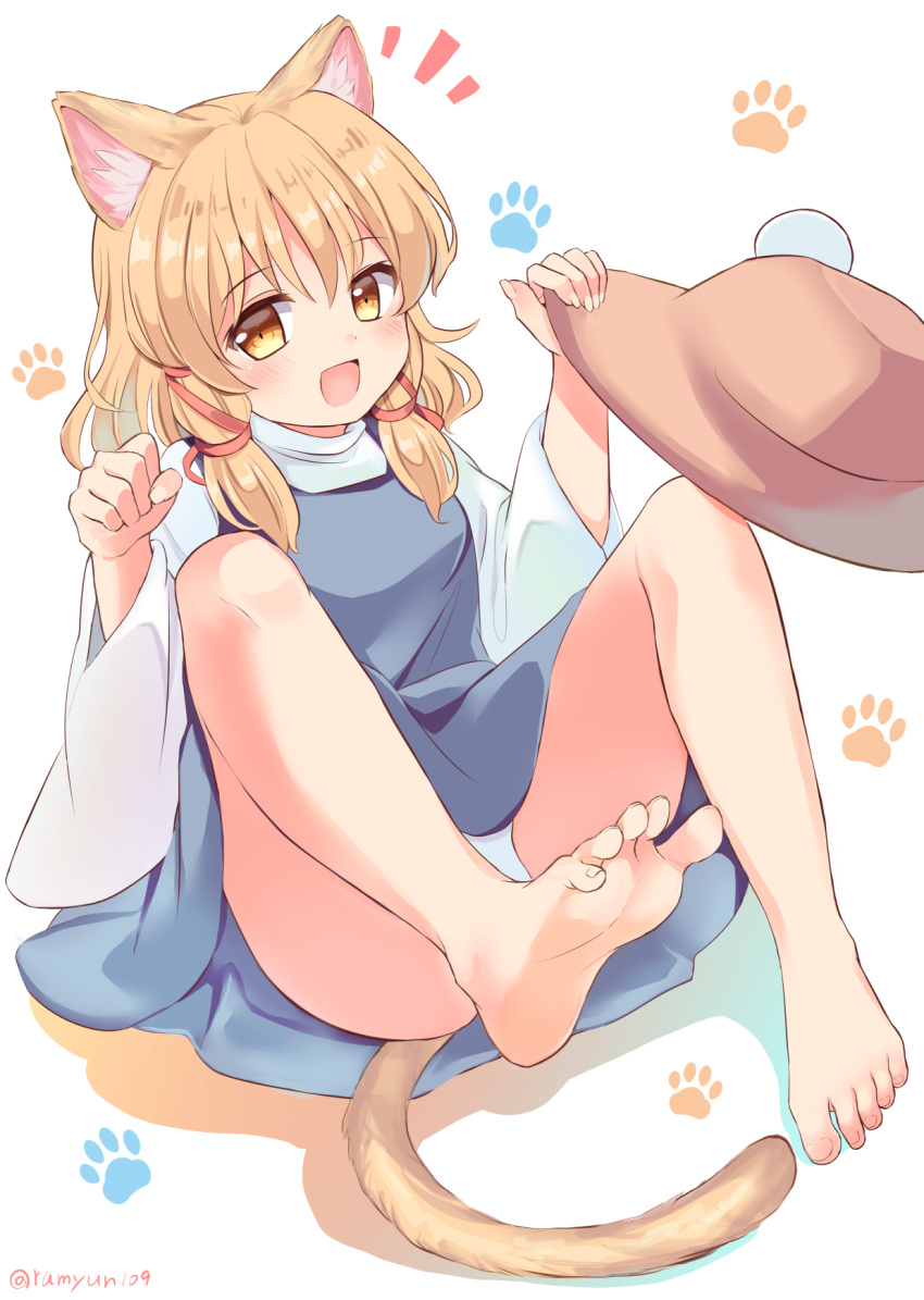 1girl :d animal_ear_fluff animal_ears artist_name bangs barefoot blonde_hair blue_dress blush breasts brown_headwear cat_ears cat_tail commentary_request dress eyebrows_visible_through_hair feet hair_ribbon hair_tubes hat highres holding holding_clothes holding_hat kemonomimi_mode looking_at_viewer medium_hair moriya_suwako nail_polish notice_lines open_mouth panties paw_background paw_pose ramudia_(lamyun) red_ribbon ribbon shirt sidelocks simple_background small_breasts smile soles solo tail toenails toes touhou turtleneck underwear white_background white_nails white_panties white_shirt wide_sleeves yellow_eyes