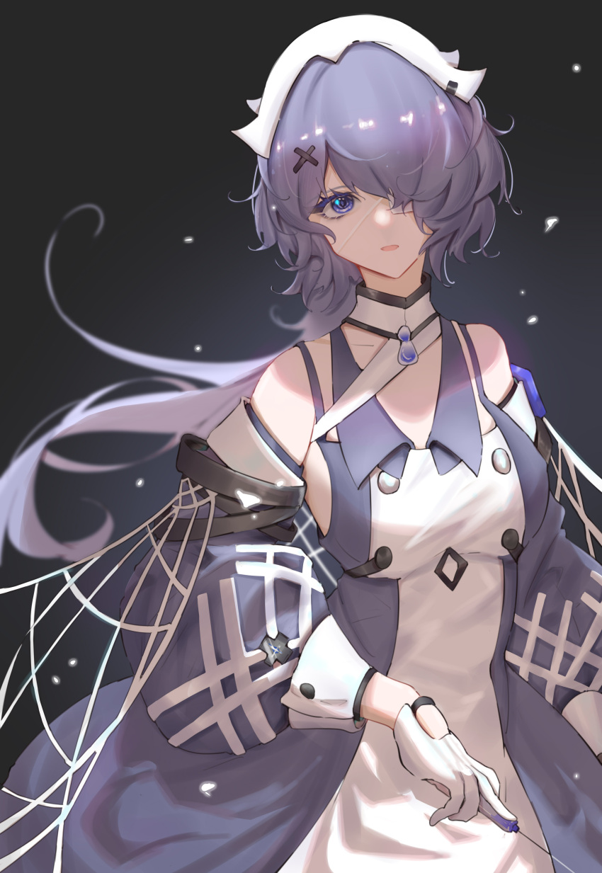 1158029887 1girl absurdres arknights bare_shoulders dress eyepatch gloves hair_over_one_eye highres holding injection looking_at_viewer purple_dress purple_hair violet_eyes whisperain_(arknights) white_gloves