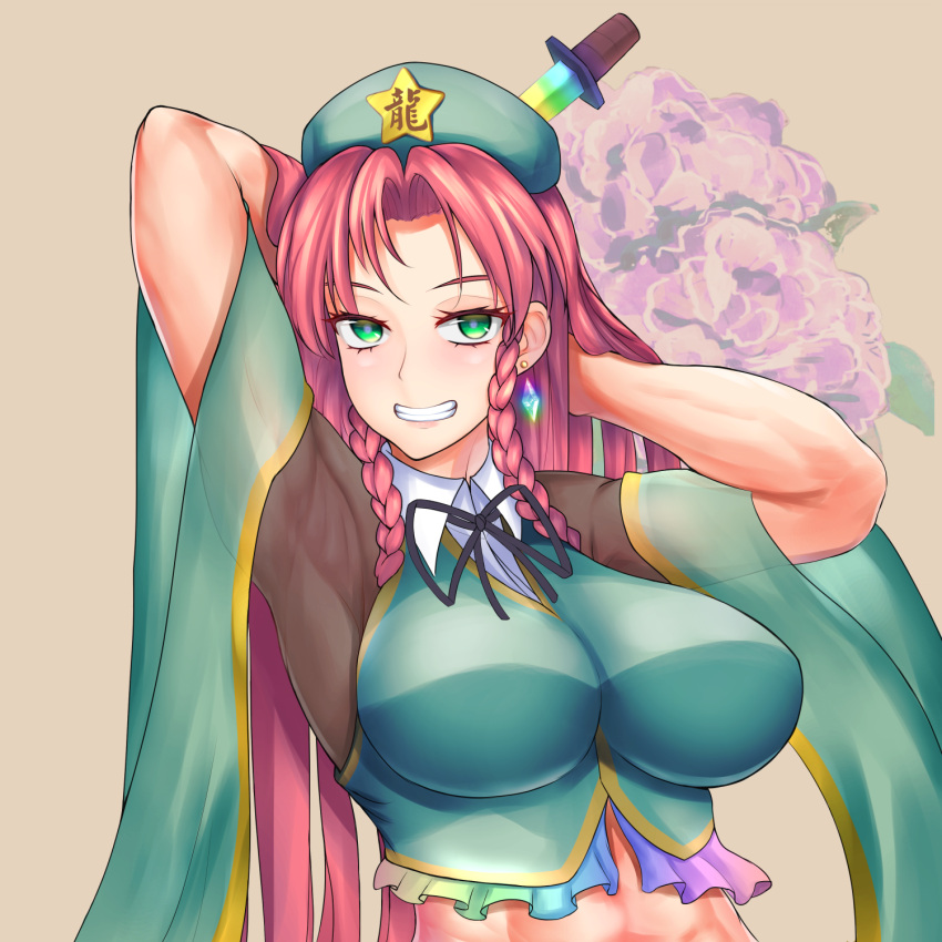 1girl armpits arms_up beret braid breasts chinese_clothes detached_sleeves earrings green_eyes green_vest hat hat_ornament highres hong_meiling jewelry knife large_breasts puck100ml redhead side_braid star_(symbol) star_hat_ornament touhou twin_braids unconnected_marketeers vest